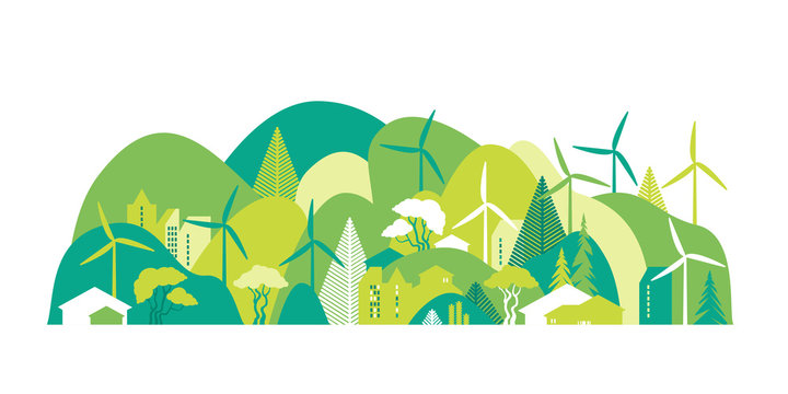 Cityscape with green hills. Preservation of the environment, ecology, alternative energy sources. Vector illustration.