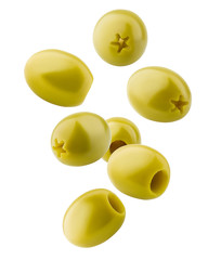 Falling pitted olive isolated on white background, clipping path, full depth of field