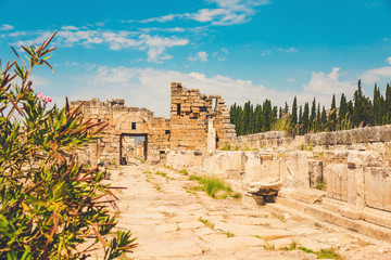 Ancient Greco Roman city. Ruins of ancient city, Hierapolis in Pamukkale, Turkey. Ruined ancient place