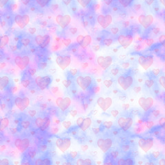 Watercolor seamless pattern with pink hearts and clouds. Perfect for greeting card, wallpaper, textile design. Hand painted illustration