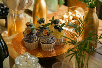 tasty sweet food on the wooden table waiting for the party! nobody.