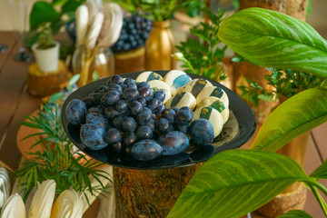 tasty sweet food on the wooden table waiting for the party! nobody.