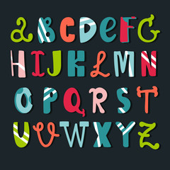 English alphabet vector, typography design. Background with set of decorative latin letters. Poster with colorful latin abc made in modern style. Hand drawn font. Different capital letters, collection