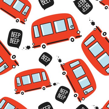Red buses, hand drawn backdrop. Colorful seamless pattern with transport. Decorative cute wallpaper, good for printing. Overlapping colored background vector