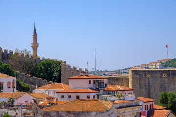 View of the castle and the city in Cesme, Turkey