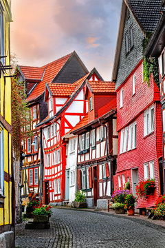 Small narrow medieval in Alsfeld, Hesse, Germany.