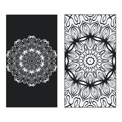 Balck, white two flyer pages ornament illustration concept. Art traditional, Islam, Arabic, Indian, magazine, elements with mandala. Vector greeting card or invitation layout design