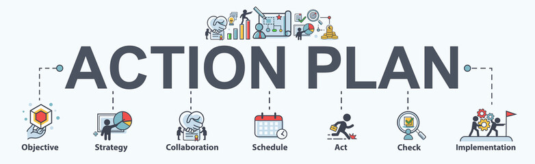 Action plan banner web icon for business and marketing. objective, strategy, Collaboration, Schedule, Plan and implementation. Minimal vector infographic. © Buffaloboy