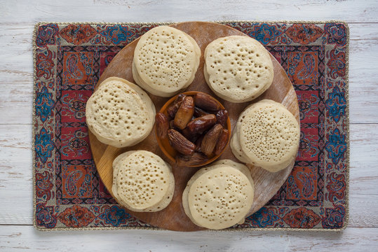 Baghrir Moroccan pancakes. Arabic pancakes with dates.
