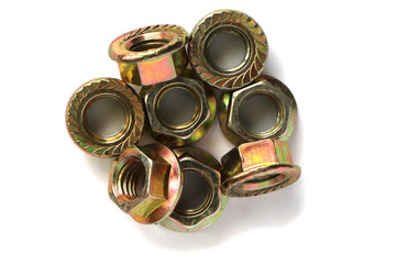  set of galvanized hexagonal nuts  on  isolated  background