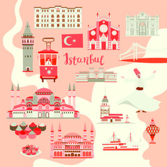 Istanbul City colorful vector map. Famous Istanbul building. Mosque and Turkey landmarks card atlas