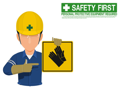 Industrial worker is presenting gloves sign