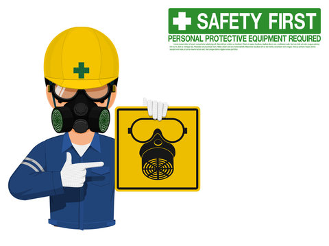 Industrial worker is presenting respiration mask sign