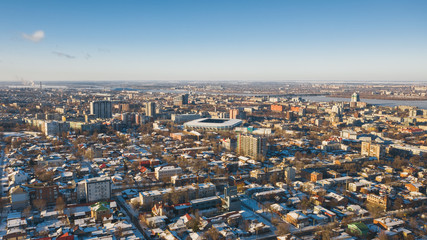 Urban bird's eye view of Dnipro city skyline. Winter cityscape background. (Dnepr, Dnepropetrovsk, Dnipropetrovsk). Ukraine