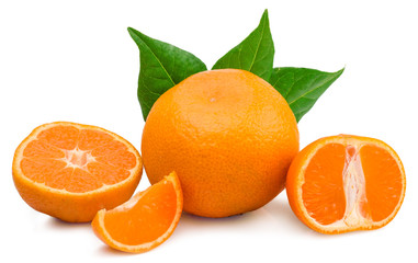 Tangerine and slices isolated on a white background.