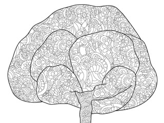 Adult antistress coloring tree. Illustration of black lines doodle, white background