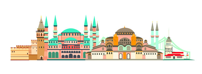 Istanbul City colorful skyline vector illustration. Panoramic of Istanbul, famous building