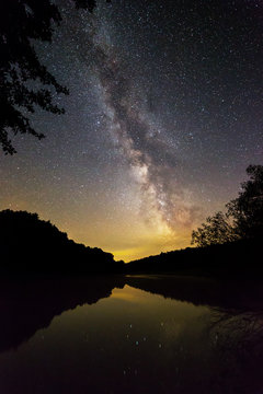 Milky Way galaxy photographed from a lake shore in a Starry Landscape Park.