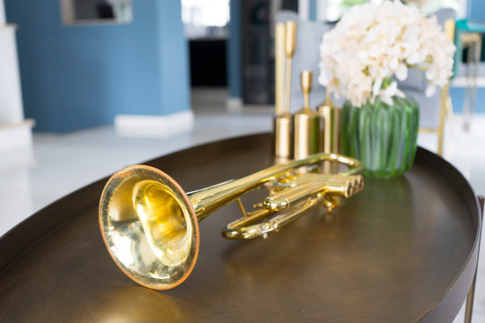 colorful and stylish living room with flower vase and gold trumpet on table. 