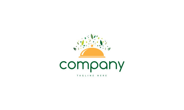 Natural Food.Vector logo which depicts a tray with a lot of leaves around it.