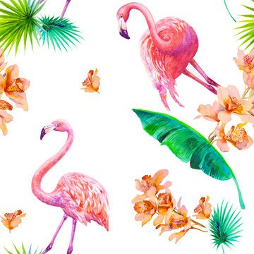 Tropical summer arrangements with flamingos, palm leaves and exotic orchids flowers. Watercolor illustration. Seamless pattern