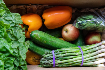 Fresh fruit and vegetables in a box