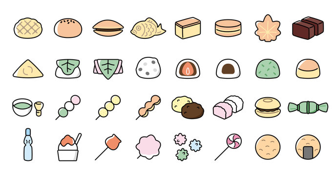 Japanese Desserts and Sweets Icon Set