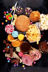 Unhealthy products. food bad for figure, skin, heart and teeth.