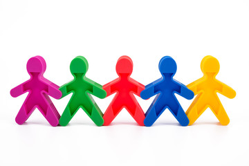 Five figures of men are holding hands. Multicolored on a white background. Business concept idea,...
