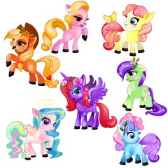 Set of colorful little cute ponies and unicorn isolated on white background. Vector cartoon close-up illustration.