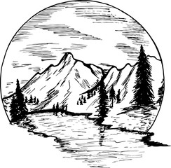 Illustration with mountains, firs and beautiful sky inscribed in a circle.