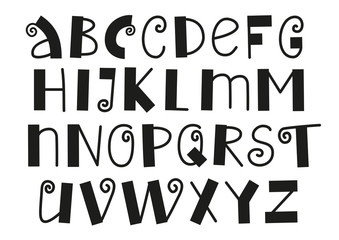 Decorative latin alphabet with swirls in black isolated on white background for  text, inscription, greeting card, typography, title, design, lettering, children, cover