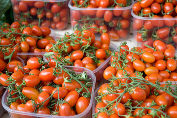 bunches of cherry tomatoes, red, green branches, in a plastic boxes, at local vegetable market, agriculture, food, diet, vitamins, nourishment, nutrition, Milan, Italy