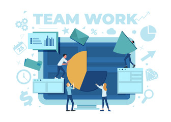 Fototapeta na wymiar The team is working on a business project. The working process. Analytics, information gathering, teamwork. Monitor and business team isolated on white background. Vector illustration.