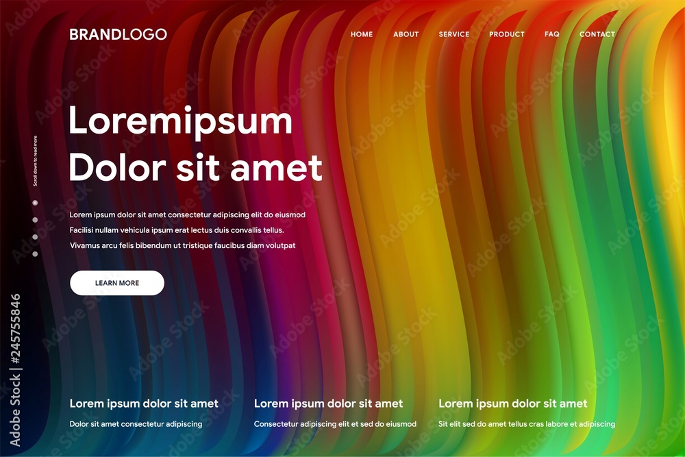 Poster website or mobile app landing page with vibrant gradient background. bright liquid and colorful flui