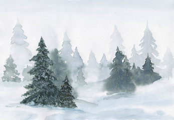 watercolor hand drawn painting winter forest on a snowy day