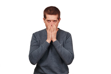 The man sneezes. A portrait on a belt on a white background