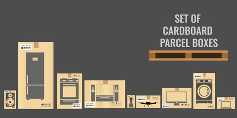 Set of different cardboard boxes with different real sizes and of various household and utensil equipments. Flat vector illustration.