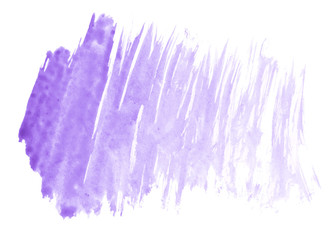 Lilac pastel watercolor hand-drawn isolated wash stain on white background for text, design. Abstract texture made by brush for wallpaper, label.