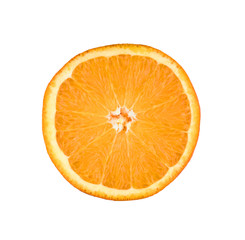 Thin orange fruit slice isolated on a white background. Ctrus round slice. Food background.
