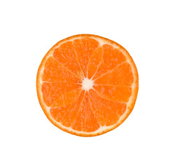 Thin mandarin fruit slice isolated on a white background. Ctrus round slice. Food background. Top view.