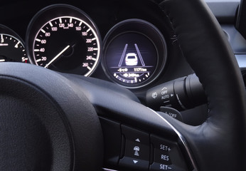 Controls on steering wheel and display of collision prevention assist in car