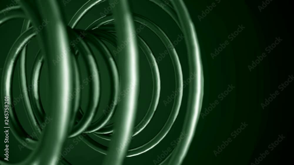 Poster abstract animation of rotating chrome spiral on a green background. chrome shape.