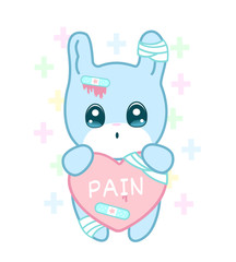 Suffering rabbit with injured ear and broken heart in yami kawaii style