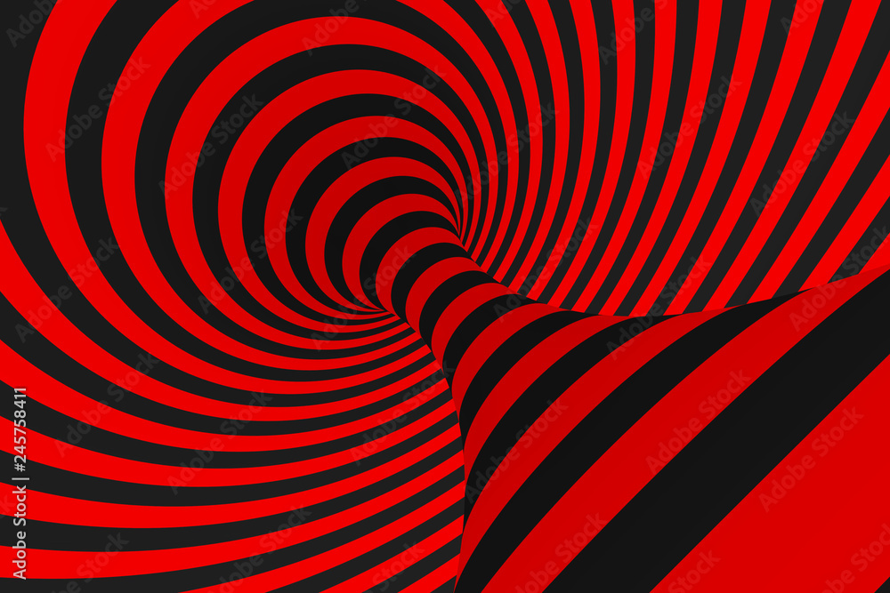 Wall mural torus 3d optical illusion raster illustration. hypnotic black and red tube image. contrast twisting 