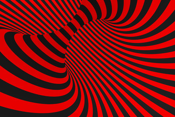 Torus 3D optical illusion raster illustration. Hypnotic black and red tube image. Contrast twisting loops, stripes ornament.