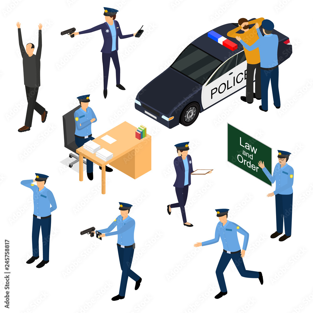 Poster character policeman in uniform 3d icon set isometric view. vector