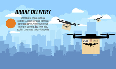 Drone delivery with the package box against city view background. Vector illustration.