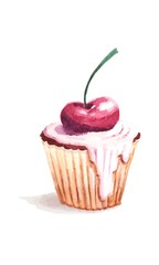 Cupcake with cherry and cream on white background. Watercolor vector illustration