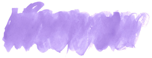 Lilac pastel watercolor hand-drawn isolated wash stain on white background for text, design. Abstract texture made by brush for wallpaper, label.